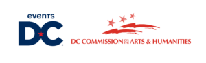 A graphic with mostly text reads DC History Center Programs are supported by Events DC and the DC Commission on the Arts. The logos at the bottom are blue and red.