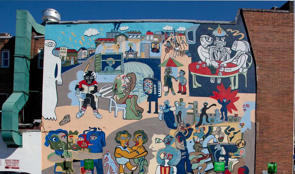 image of mural in Adams Morgan, shades of blue and depicting figures