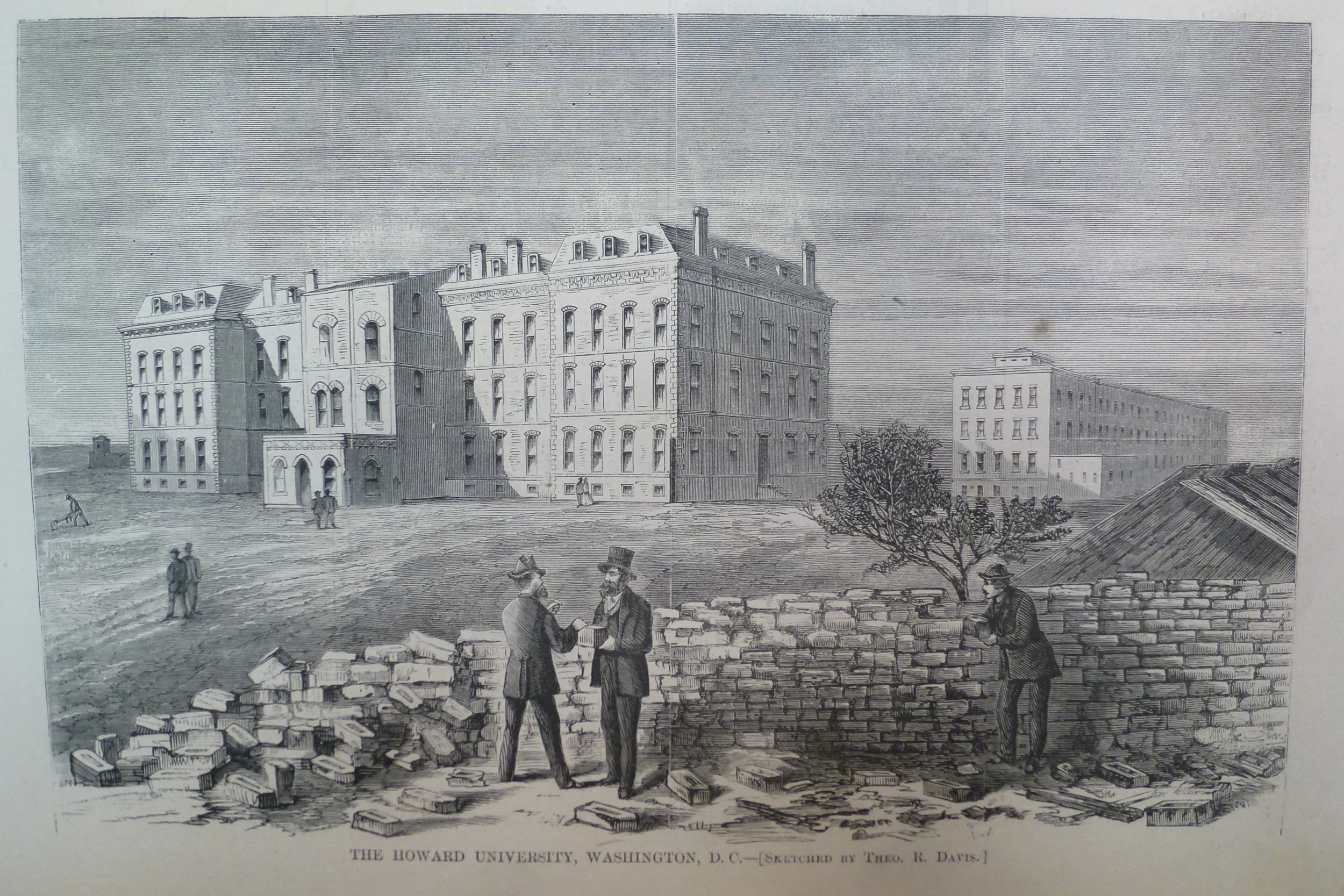 A sketch of Howard University being built by Theo R. Davis. In the background, two buildings are visible with three pairs of people walking in front of them. In the foreground, three men stand next to a wall of bricks in front a tree.