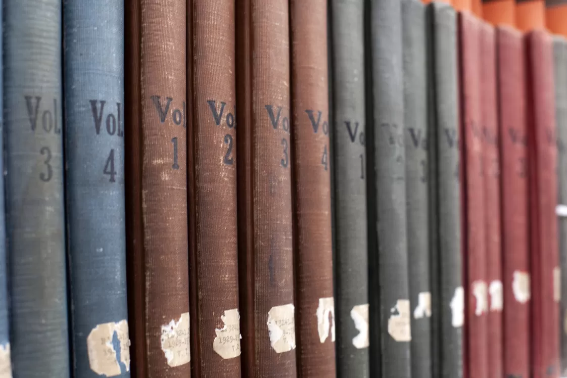 Book spines in the Kiplinger Research Library.