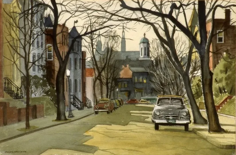 Street view of O Street in Georgetown, painting by John A. Bryans, 1956