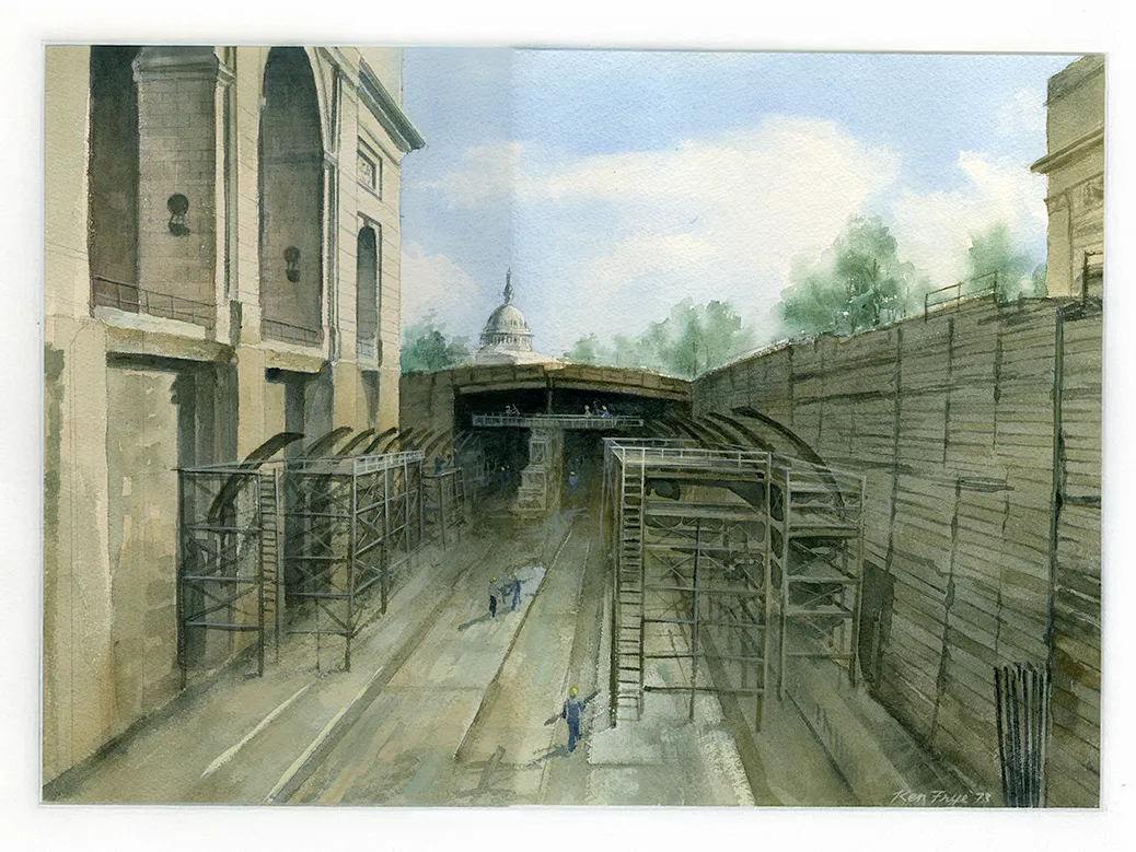 A painting depicting construction in the train tunnels. Three workers are walking in the tunnel and the capitol building, trees, and a blue sky with some clouds can be seen in the background.
