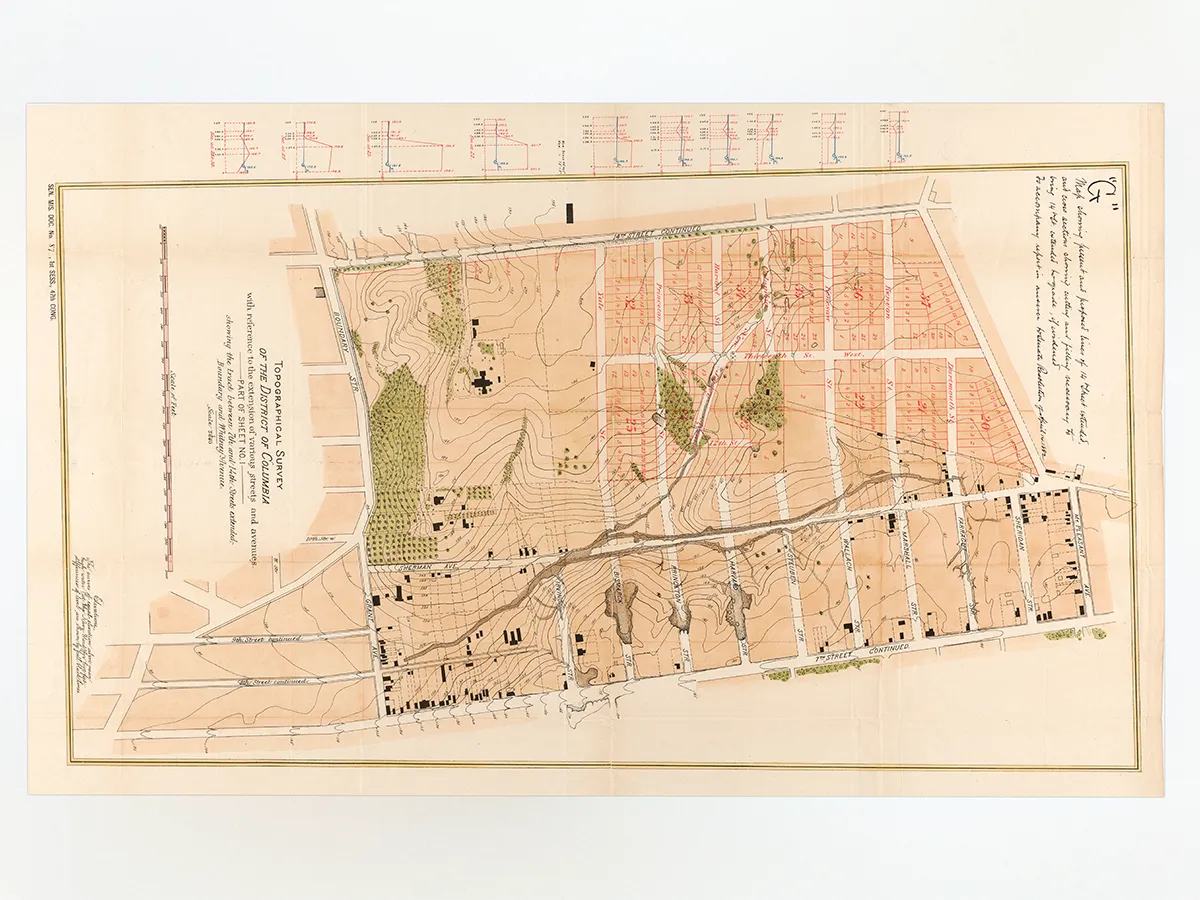 A topographical map of DC with around twenty streets of DC labeled.