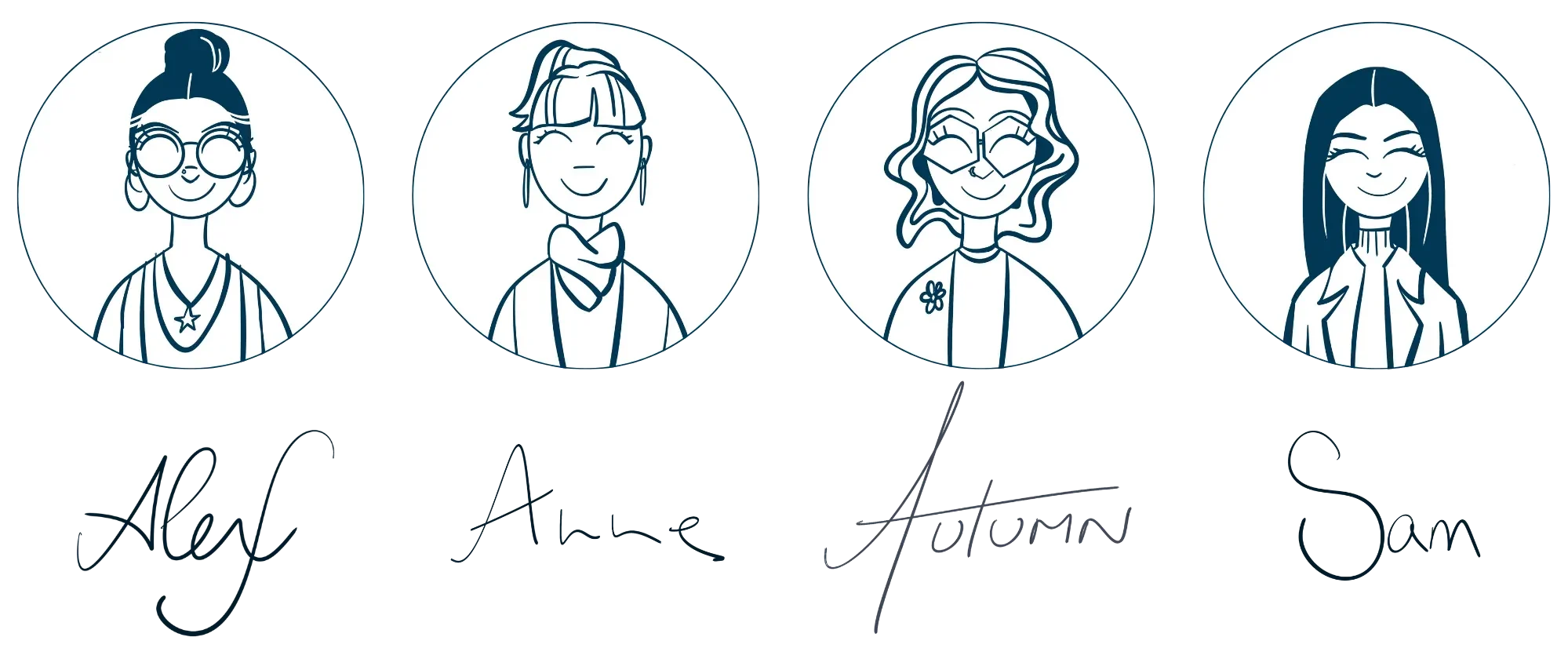 Illustrated portraits of four people labeled Autumn, Anne, Sam, and Alex, shown in a row with stylized headshots and handwritten signatures beneath each portrait.